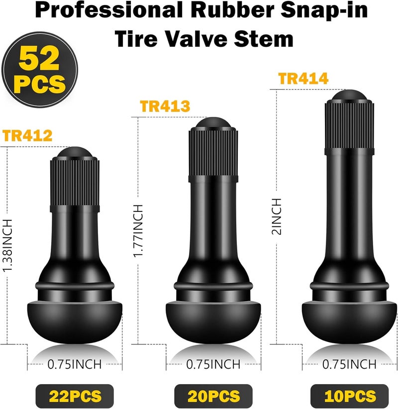 Tottist Tire Valve Stems Rubber Black Rubber Snap-in Valves,Tubeless Valve Stems Suit for 0.453 inch Rim Holes on Standard Vehicle Tires (52pcs（TR412-22pcs、TR413-20pcs、TR414-10pcs）) - Image 2